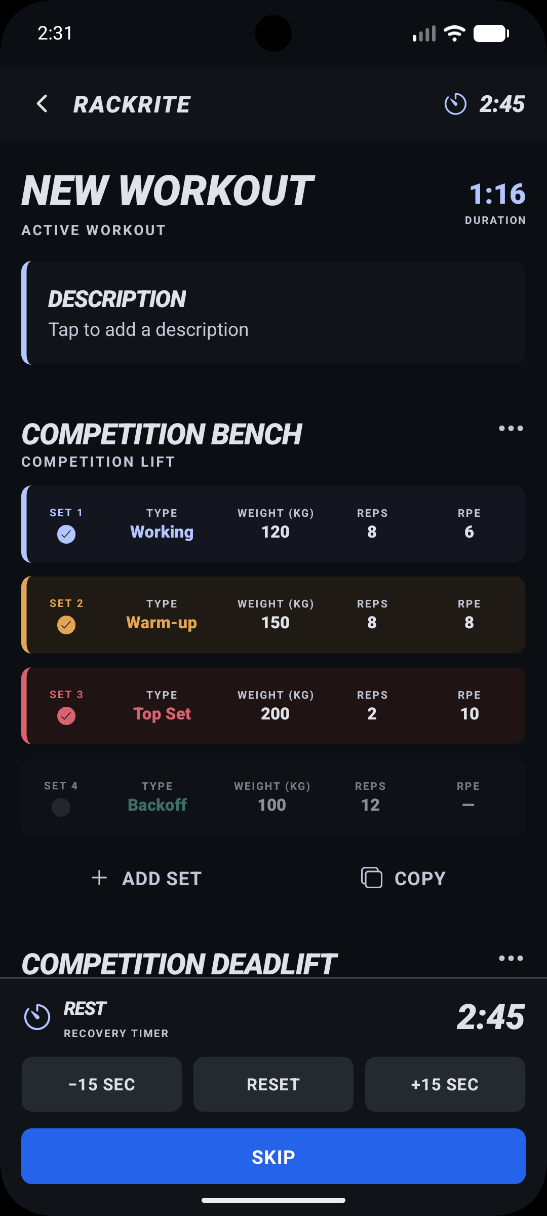 RackRite active workout showing competition bench sets with weight, reps, RPE and a rest timer.